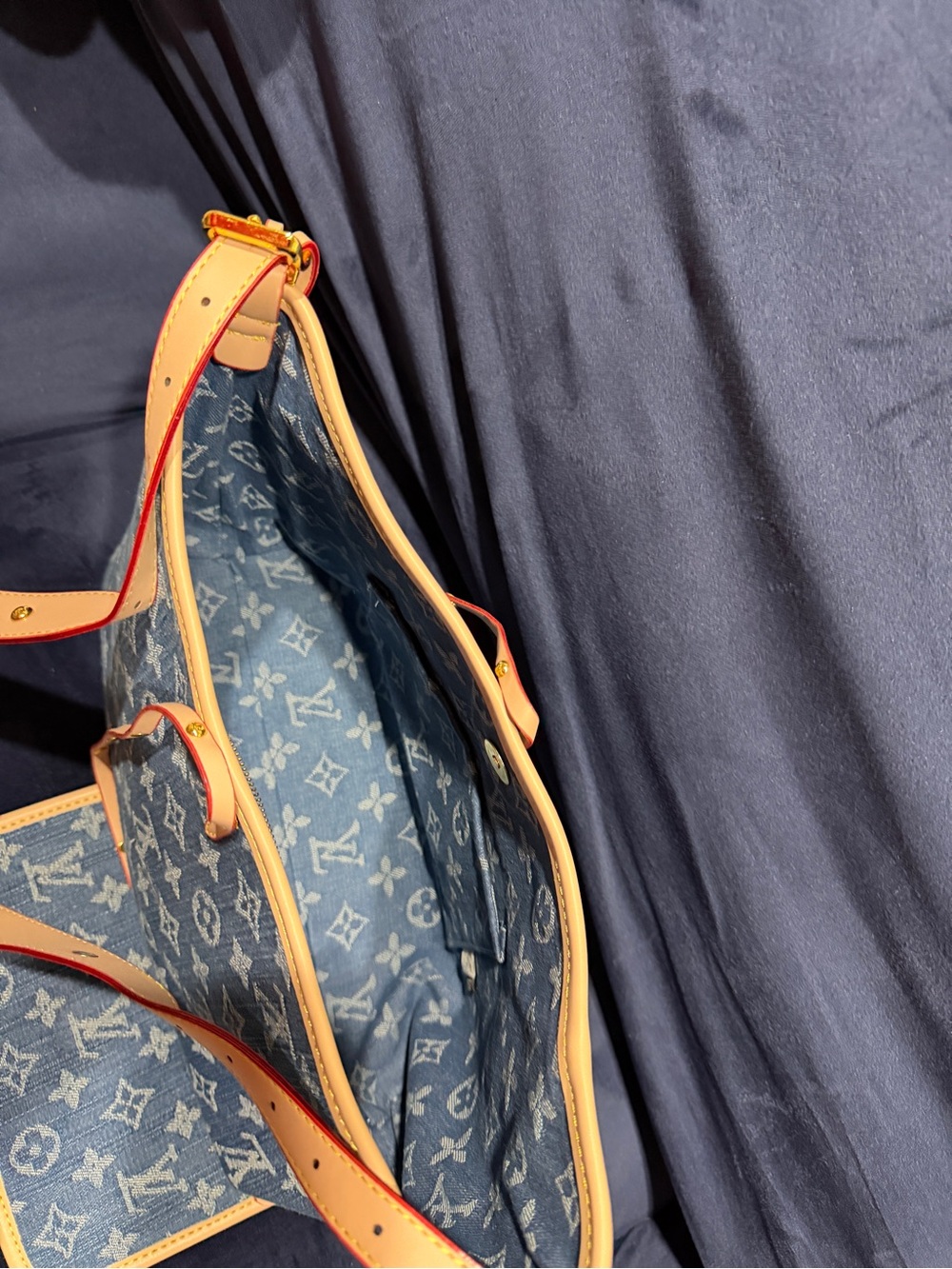 Blue Monogram Denim Shoulder Bag with Beige Trim - Picture 4 of 7